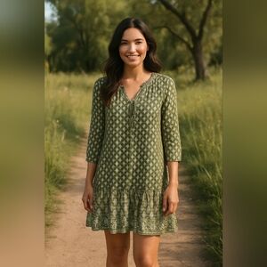 Style & Co Boho Floral Peasant Dress Small Green Long Sleeve Ruffle Hem Tunic
